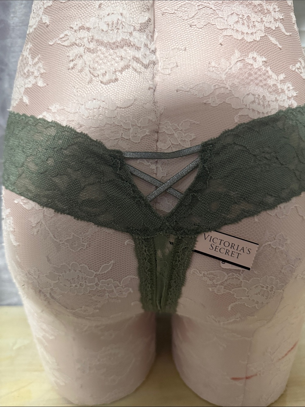 Victoria's Secret Olive Green Lace Thong with Strappy Back